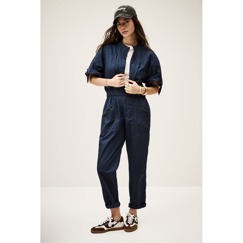 NWT ba&sh Sz 8 Bereta Jumpsuit Overalls One Piece Cotton Blue Roll Tab Sleeves